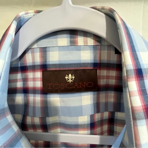 Toscano NWT Short Sleeve Button Up Shirt Blue/Red Striped Size Medium - Picture 4 of 9